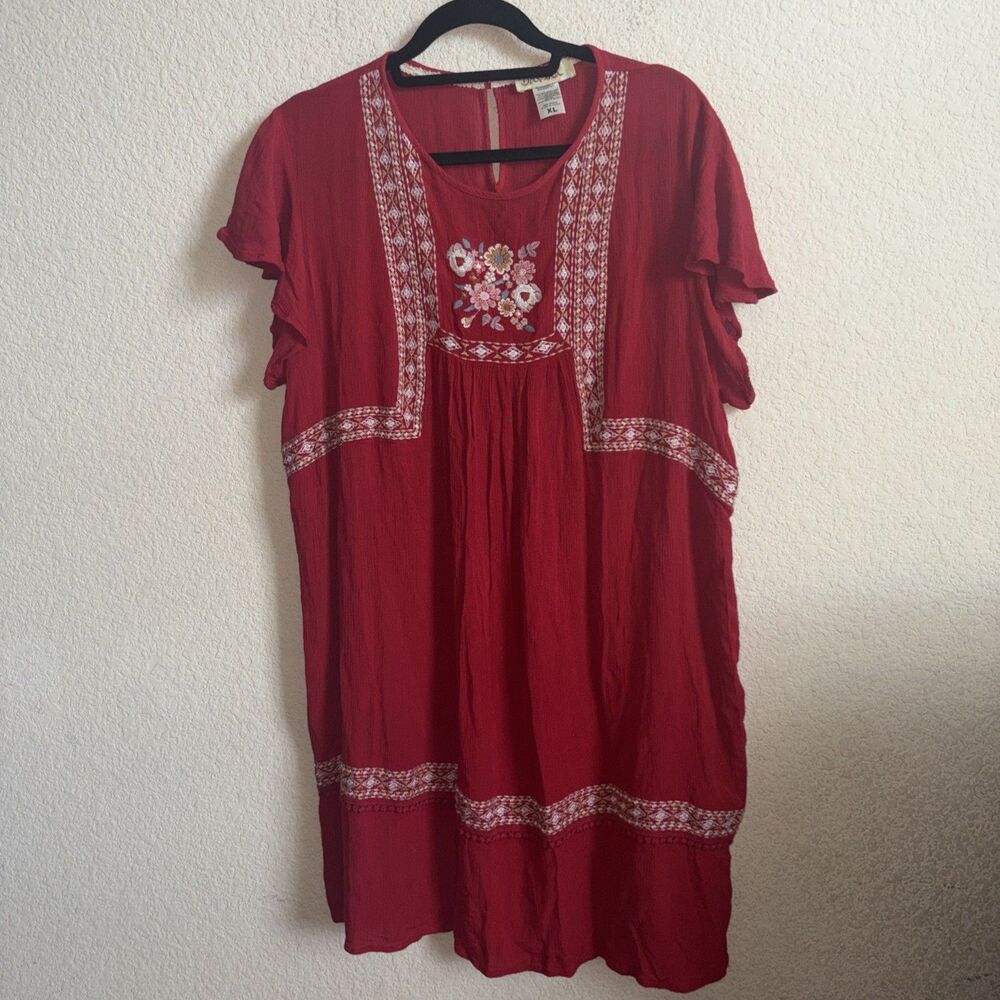Davina Red dress Embroidered Boho Peasant Midi XL Gauze Southwest Floral Aztec